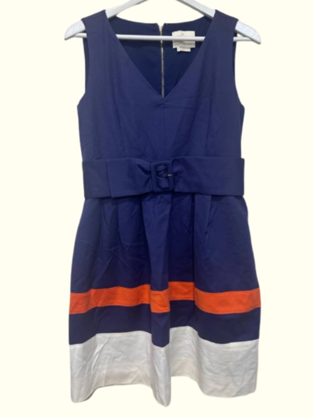 kate spade Navy Sleeveless Belted A-Line Dress with Orange and White Bands sz 12